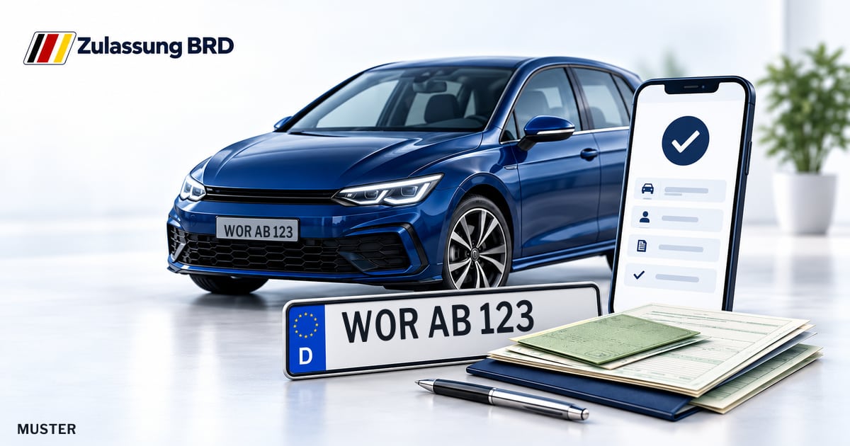 Online Fahrzeugzulassung in Wolfratshausen: Musterkennzeichen WOR AB 123, Auto und Fahrzeugpapiere und Smartphone. Illustration mit Logo von Zulassung BRD.